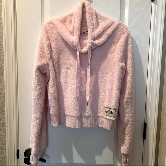 HOLLISTER Pink Fuzzy Cropped Drawstring Cowl Neck Pullover Longsleeve Jacket L - Picture 2 of 11
